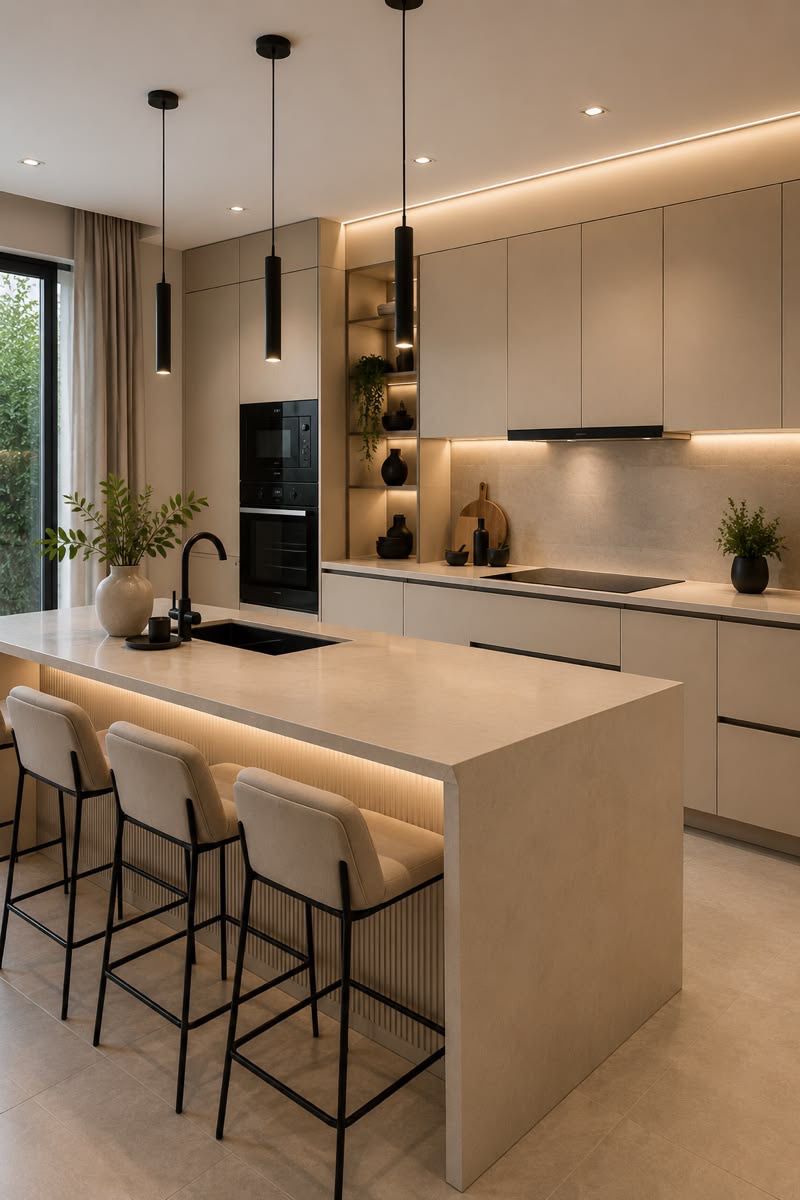 Beige greeploze keuken met verlicht kookeiland en barkrukken