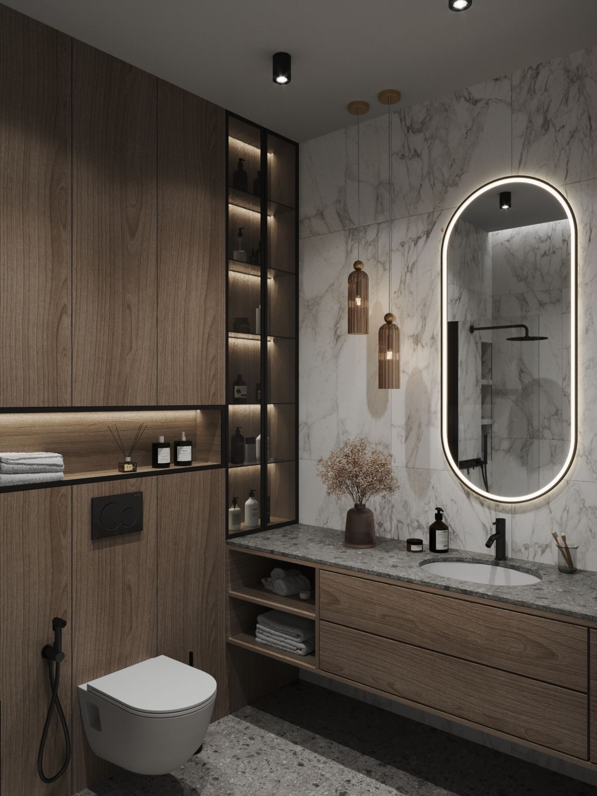 Badkamer met houten wandbekleding, marmer en verlichte spiegel
