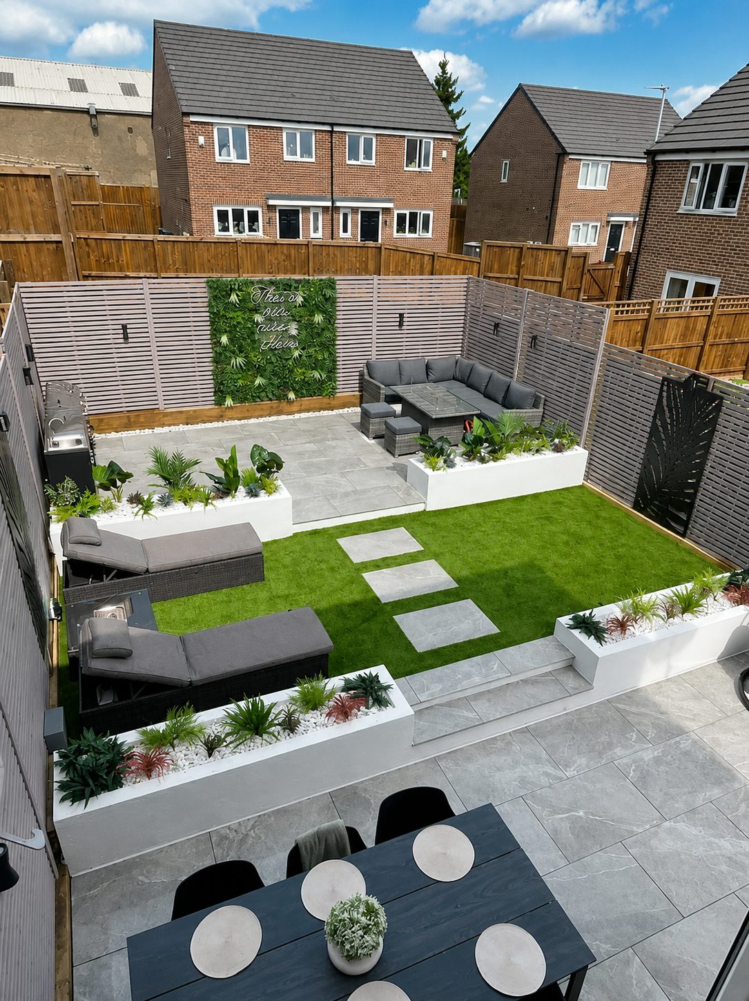 Moderne achtertuin met terras, gazon en witte plantenbakken